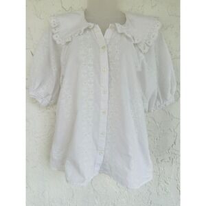 Mango Eyelet Embroidered Peter Pan Collar Puff Sleeve Coquette Blouse Women 2